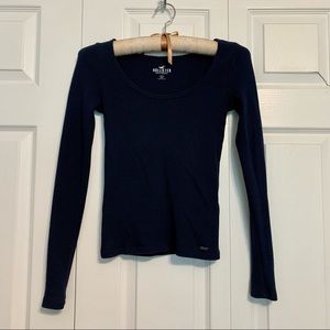Hollister Navy Ruffle Detailed Round Neck Waffled Long Sleeve Sweater Size Small